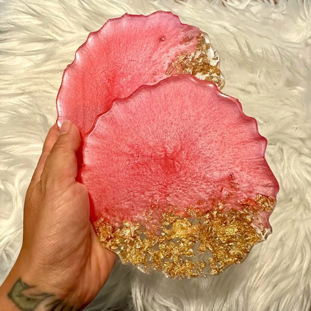 2-Piece Handmade Pink & Gold Resin Agate Coasters Glam Glitter Gift Home Decor